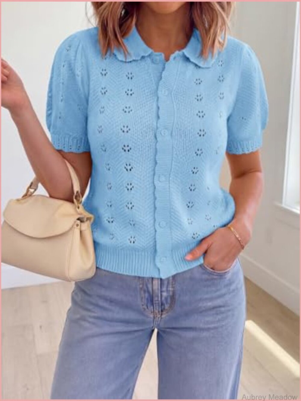 Lightweight Cotton Crochet Knit Cardigan Short Sleeve Button Front - Picture 4 of 7